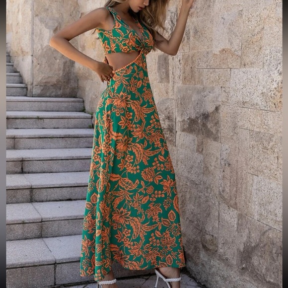 Boho Floral Print Cut Out Waist Back Tie Bow Dress - Picture 12 of 12